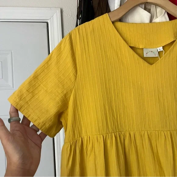 NWT LOVE, OLIVE CO yellow striped fabric v neck babydoll short sleeve mini - Picture 2 of 6